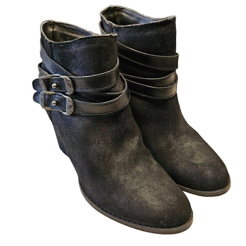 Reba Zania Leather Black Metalic  Harness Strap Buckle Booties  Western Boho Siz - Picture 2 of 7